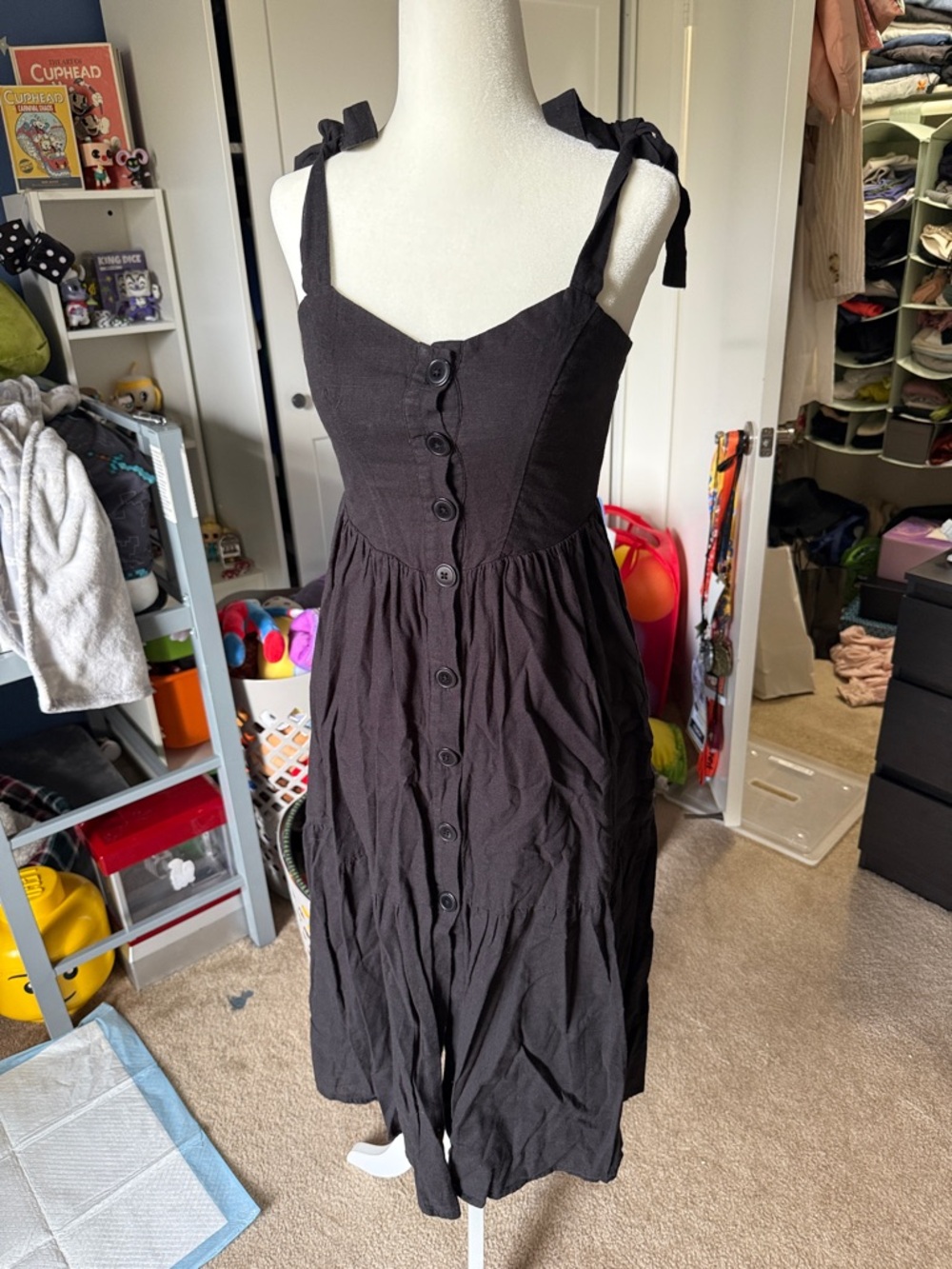 Urban Outfitters Black Button-Front Tie-Strap Midi Dress